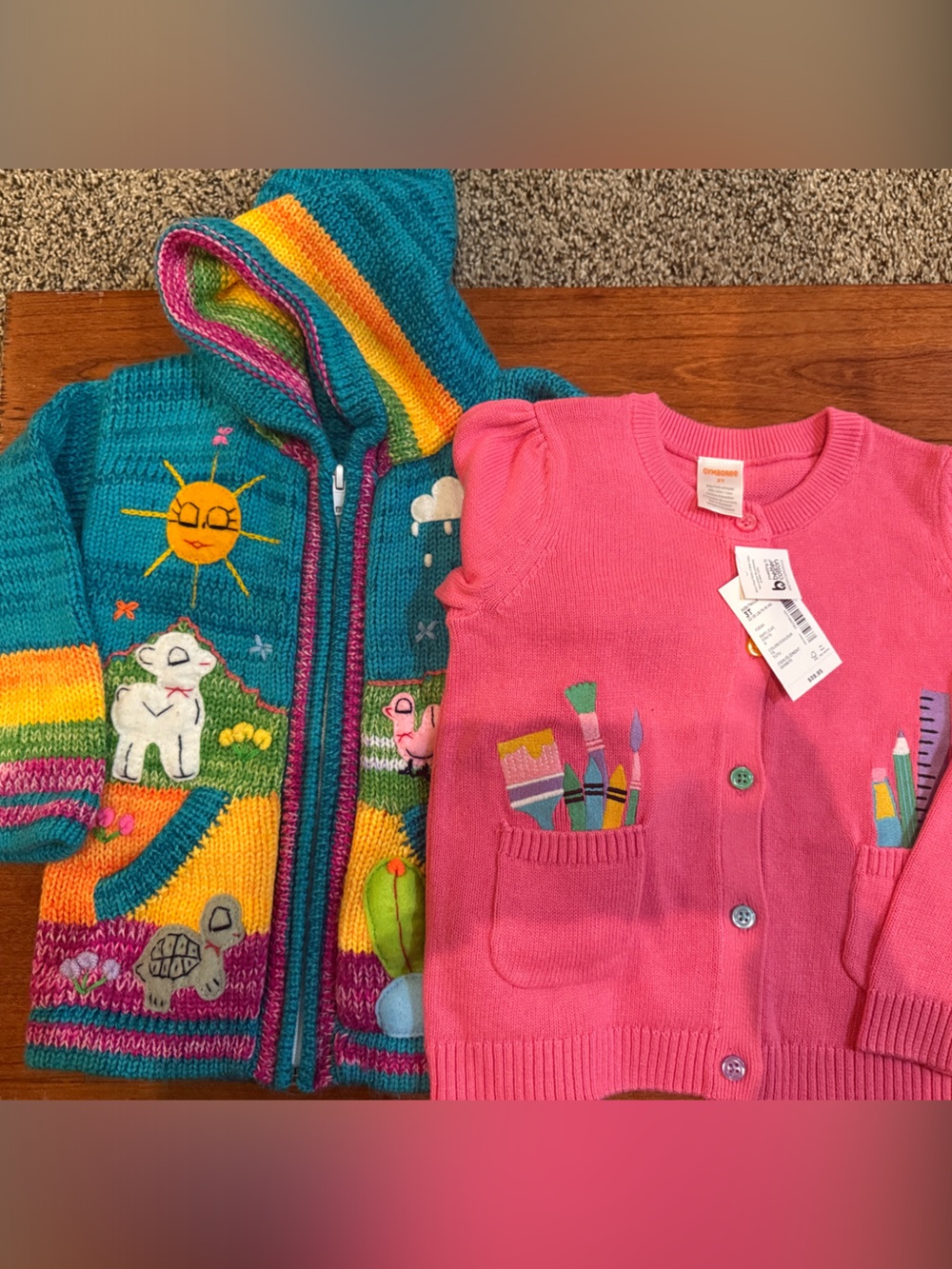 Two Sweaters- 3T: School Supply Cardigan and Hooded Animal Sweater